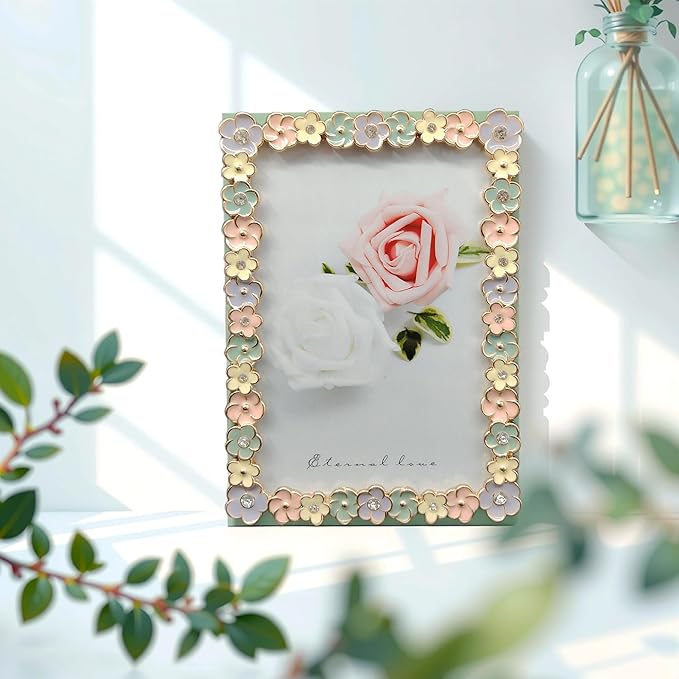 Vintage 4X6 Floral Metal Picture Frame with Enamel Finis Glass Front - Ornate Antique Colorful Flowers Photo FrameTabletop/Wall Display Gifts for Women Wedding Decorate
