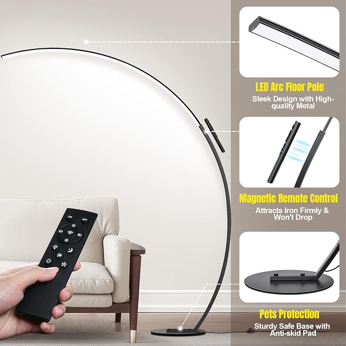 Dimmable LED Lamps for Living Room with 3 Color Temperatures, Ultra Bright 2000LM Arc Floor Lamps, Modern Standing Tall Lamp with Remote Control Reading Floor Lamp for Bedroom Office Classroom