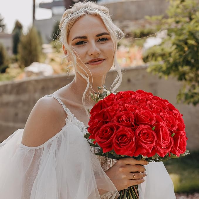 Veryhome Artificial Flowers Silk Roses Fake Bridal Wedding Bouquet for Home Garden Party Floral Decor 10 Pcs (Red Curved stem)