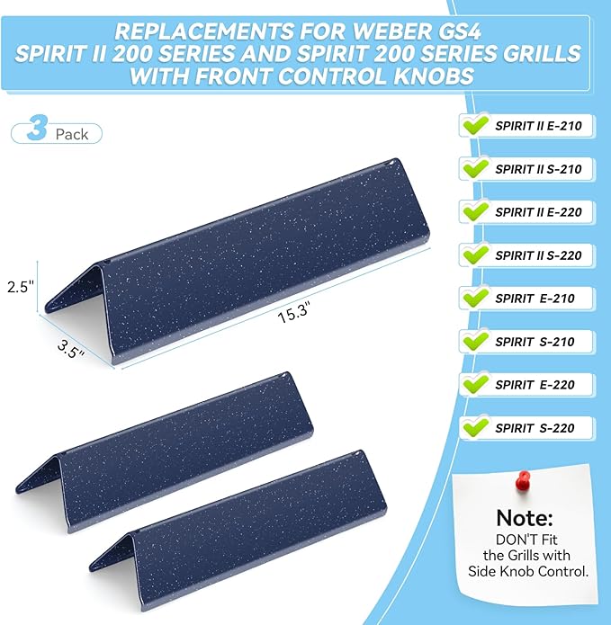 Webonbake 15.3 inch Flavorizer Bars for Weber Spirit I & II 200 Series Spirit E210 S210 E220 S220 with Front Control Knobs, Porcelain Steel Heat Plate Flavor Bar Replacement for 7635, 3 Pack