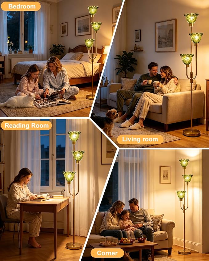 Lightdot 3-Lights Glass Floor Lamp 66IN Modern Gold Dimmable Floor Lamps with 3000K Warm White Bulbs for Wedding Party Tall Standing Lamp with Green Glass Shade for Living Room/Bedroom/Home Decor