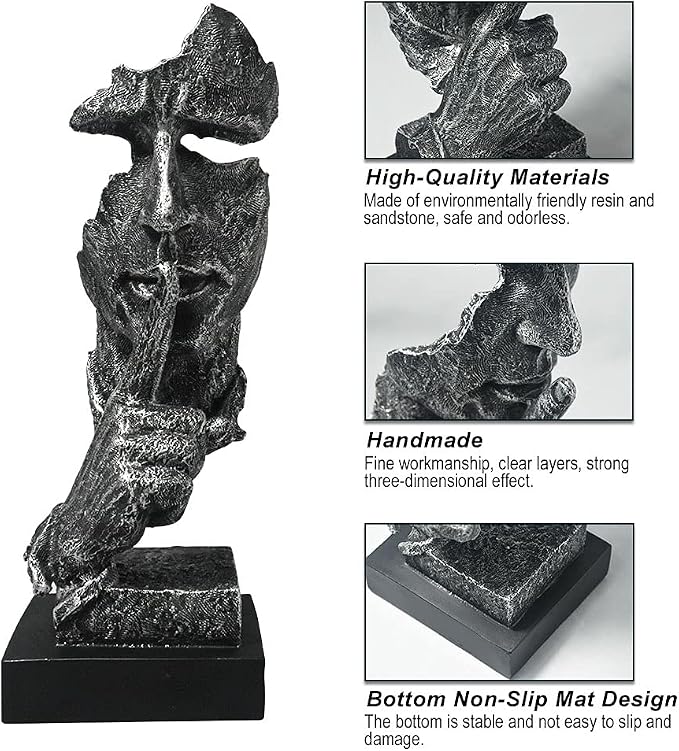 fazhongfa Thinker Statue - Silence is Gold Modern Decor Creative Abstract Art Figurine Resin Sculptures Decoration Room Home Study Office Figurines for Desktop Shelf Table Ornament (Silver)