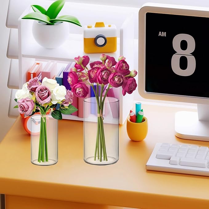24 Pcs Plastic Vases for Centerpiece, 4 Inch & 6 Inch Small Clear Plastic Cylinder Flower Vase Bulk Acrylic Vases for Centerpiece Home Wedding Table (12pcs 4in + 12pcs 6in)