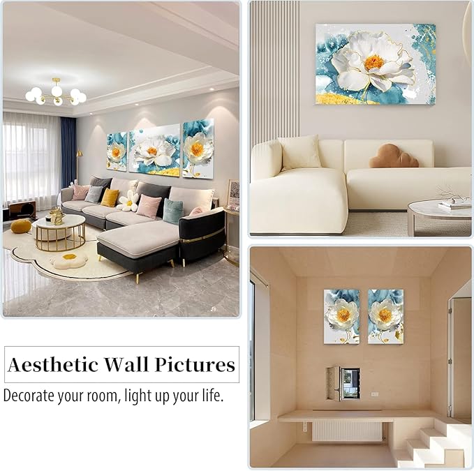SERIMINO Peony Flower Canva Wall Art for Living Room, Modern White Blossom Artwork Blue Floral Picture Wall Decor for Bedroom Bathroom Kitchen Dining Room Prints Paintings for Home