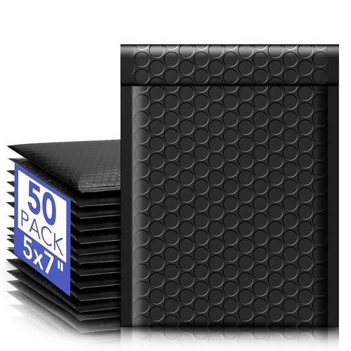 Fuxury Bubble Mailers - 50 Pack Black Waterproof Padded Envelopes | Self-Seal 5x7" for Jewelry & Makeup Shipping