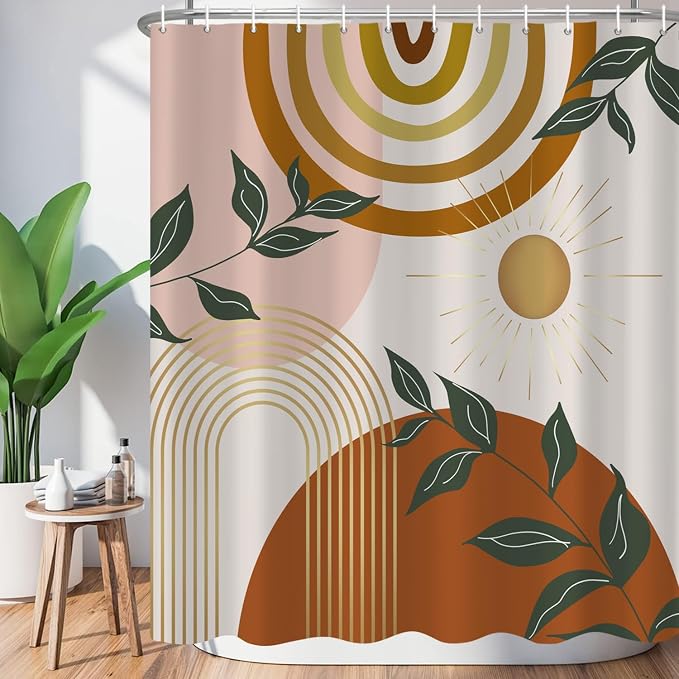 Boho Shower Curtain Mid Century Modern Shower Curtains For Bathroom Orange Minimalist Abstract Geometric Bohemian Shower Curtain Set Plant Botanical Leaf Fabric Bathroom Curtain 72x72 Inches