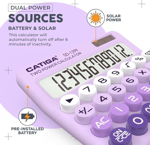 CATIGA Mechanical Switch Calculator - Solar & Battery Dual Power, 12-Digit LCD Display, Cute Design for Home & Office Use
