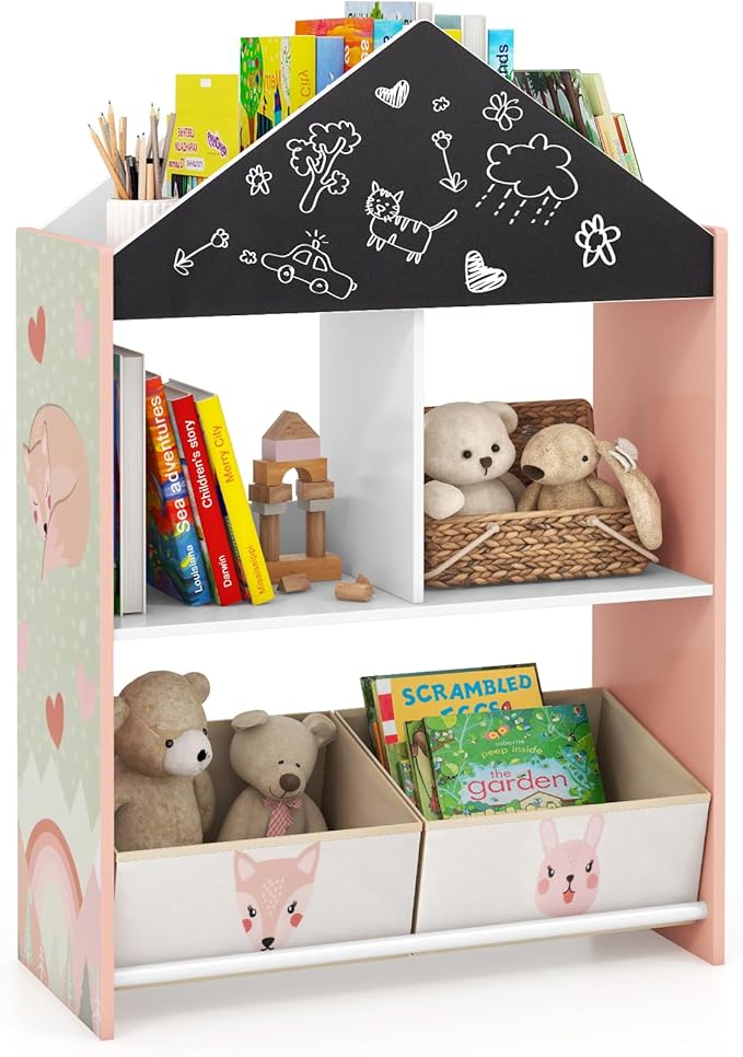 HONEY JOY Toy Storage Organizer, Wooden Dollhouse Bookcase w/Blackboard, Whiteboard, Storage Bins, Toddler Book Shelf, Children Toy Display Chest Cubby, Kids Bookshelf for Playroom Nursery (Pink)