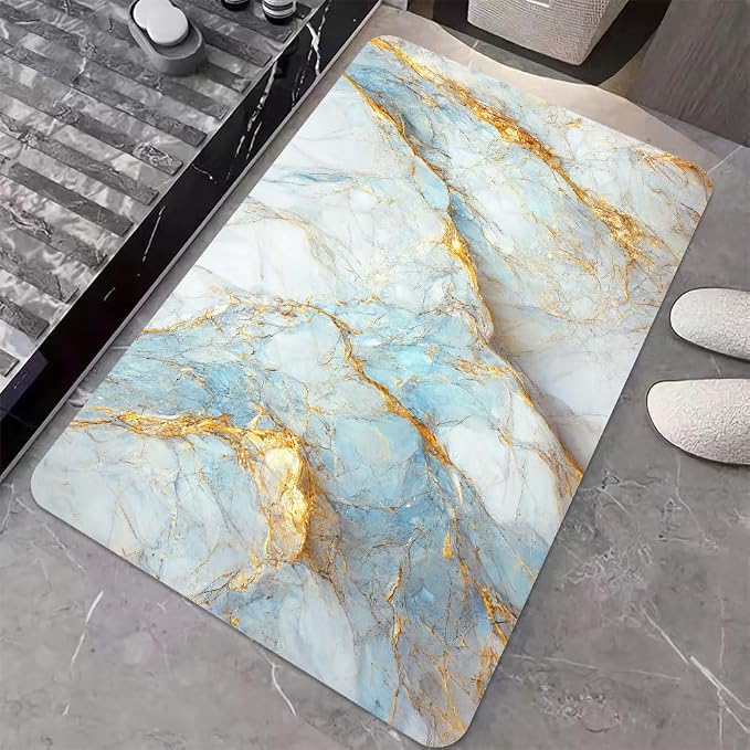 Diatomaceous Earth Bath Mat,Blue, White and Gold Marble Non-Slip Volume Super Absorbent Fast Drying for Bathroom Kitchen Door mat,Eco-Friendly Easy to Clean 20×31Inch (50 * 80cm)