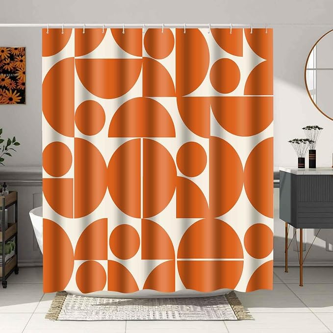 Vintage Orange Mid Century Modern Shower Curtain Boho Abstract Geometric Art Shower Curtains for Bathroom Decor 72x78 Inch 70s 80s Retro Washable Fabric Bathroom Set with 12 Hooks