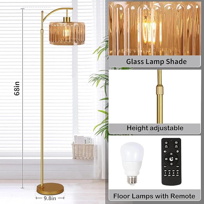 ILLMTW Glass Floor Lamp for Living Room,Bedroom,Gold Mid Century Modern Standing Lamp with Remote,Dimmable Brass Tall Lamp Amber Flower Lamp Vintage Floor Lamps Arc Floor Light Boho Bohemian