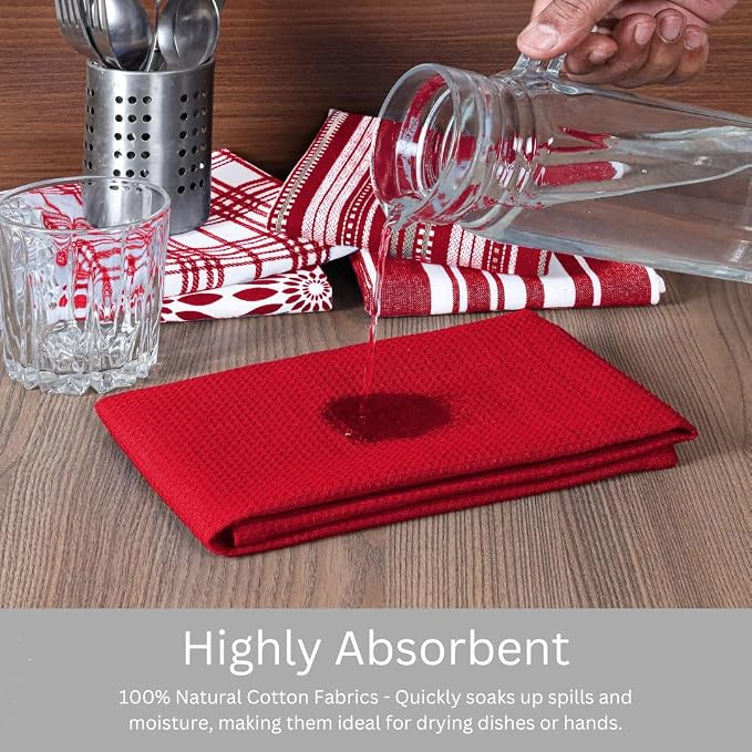 Assorted Kitchen Towels Set of 5-100% Cotton Dish Cloths Towels with Hanging Loop - Soft, Absorbent & Washable for Kitchen Use - Quick Drying Dish Towels 16x26 Inch Red