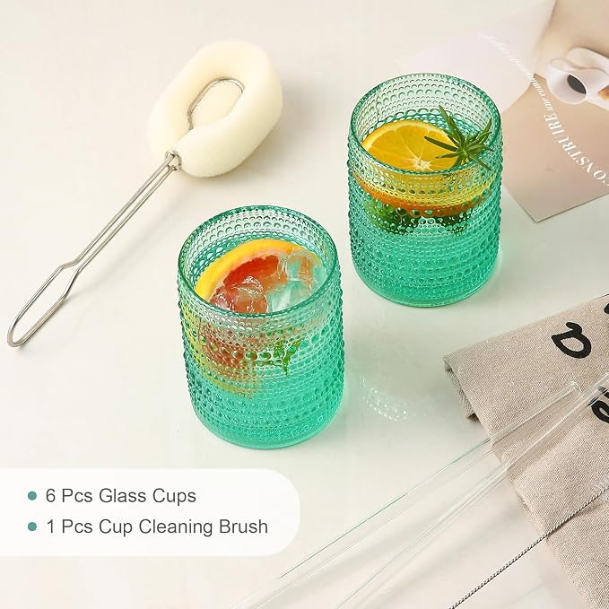 ZMOWIPDL Vintage Glassware Drinking Glasses Set of 6,12 oz Hobnail Glass Cups,Embossed Lake Blue Water Tumbler,for Beer,Cocktail,Whiskey,Juice and Various Mixed Drinks- 1 Cleaning Brush