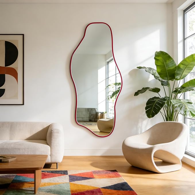 Irregular Mirror Full Length, 67"x31" Red Asymmetrical Tempered Glass Mirror, Large Organic Frameless Wall Mirrors for Entryway Hallway Bedroom Living Room, Horizontal or Vertical Hanging