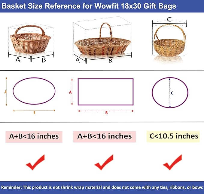 Wowfit Cello Bags,10 CT 18x30 inches Clear Cellophane Bags Perfect for Gift Baskets, Presents, Weddings, Bridal/Baby Showers and More (Flat, No Gusset, Ribbon Not included)