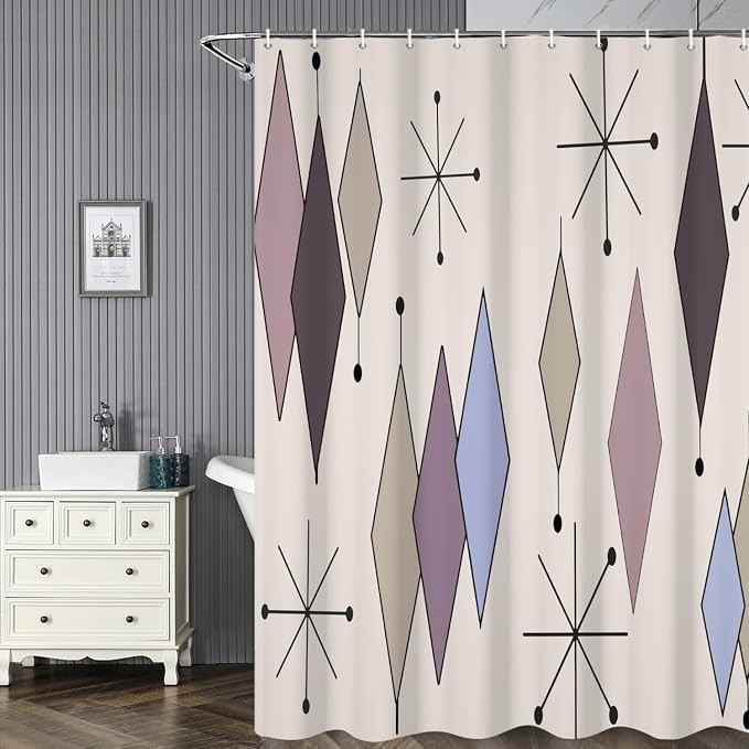 Mid Century Shower Curtain Abstract Purple Diamond Geometric Atomic Starburst Pattern Beige Backdrop for 1950s Retro Bathroom Decor Accessories Shower Curtain Set with 12 Hooks, 69x70 Inches