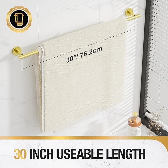 HITSLAM Gold 30 Inch Towel Bar for Bathroom, SUS304 Stainless Steel Bathroom Towel Rack Wall Mounted, Modern Home Decor Bath Towel Holder with Hardware Accessories (Total Length 31.6 Inch)