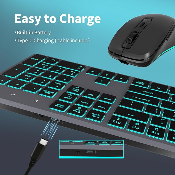 Backlit Wireless Keyboard and Mouse Combo, Rechargeable Quiet 2.4G Cordless USB Slim Full Size for Apple iMac, MacBook, laptop and PC, Space Gray