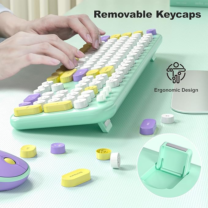 Wireless Keyboard and Mouse Combo, MOWUX Full Size Typewriter Retro Round Computer Keyboard, Cute Optical Mouse Wireless, Plug and Play, for Laptop, PC, Computer- Daydream Mint