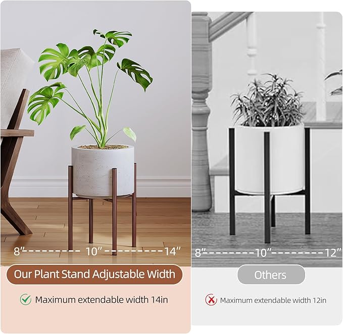 Adjustable Metal Plant Stand Indoor, Fits 8-14 Inch Pots, Mid Century Modern Planter Holder,2 Heights, Heavy Duty 160 lb, Indoor Outdoor Corner Floor Pot Stand, Coffee with Round Plate