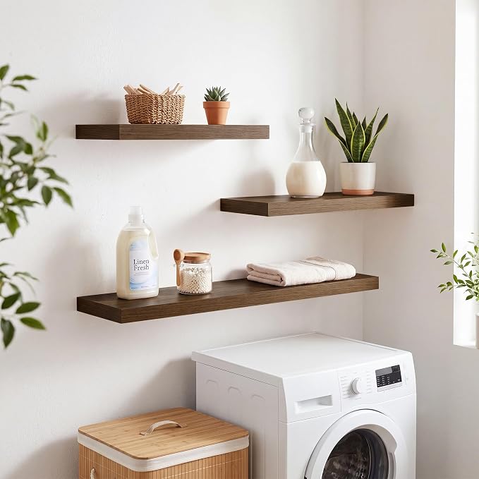 RICHFOCUS 20Inch Floating Shelves for Wall 2 Pack Shelves for Bedroom|Kitchen|Bathroom|Laundry Room Rustic Wood Wall Mounted Shelf with Invisible Brackets for Books|Storage|Decor, Walnut