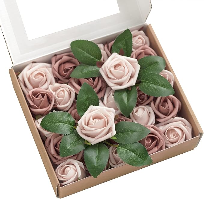 Ling's moment 1.5/2 inch Artificial Rose Taupe & Nude Buds and Petite Roses w/Stem 25pcs for DIY Wedding Boutonniere Corsages Bouquets Centerpieces Decorations