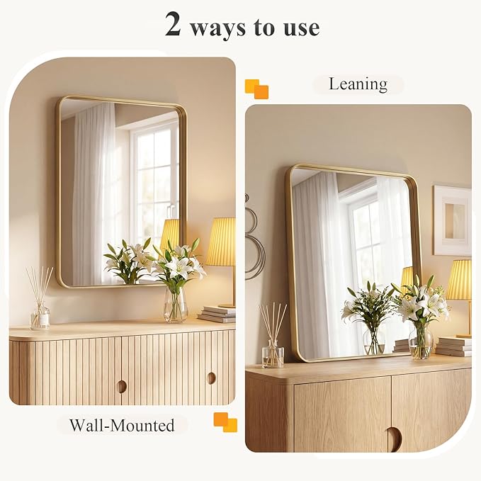 NEWBULIG 24X30 Inch Bathroom Mirror for Over Sink, Wall Vanity Mirrors Tempered Glass, Anti-Rust Metal Framed Rounded Rectangle, Hangs Horizontally or Vertically, Farmhouse Home Decor, Gold