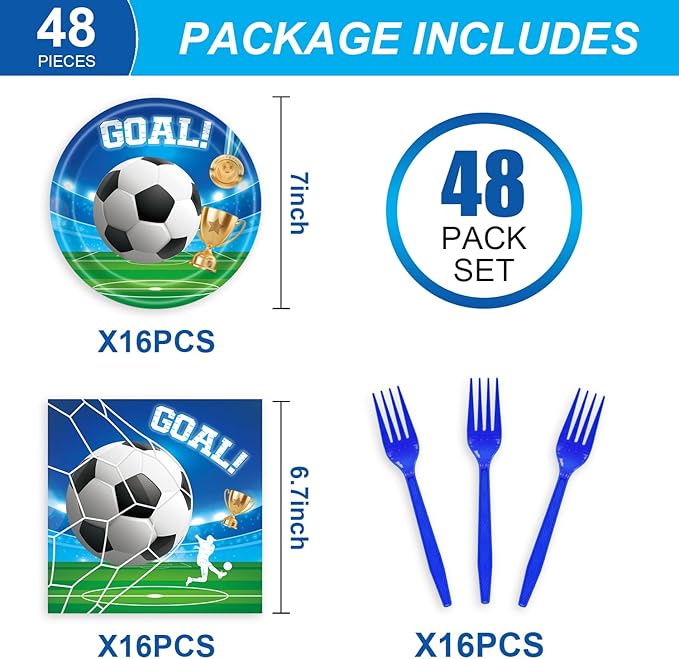 Generic 48Pcs Blue and Green Soccer Party Decorations: Plates, Napkins, Forks for 20 Guests - Soccer Birthday Party Decorations