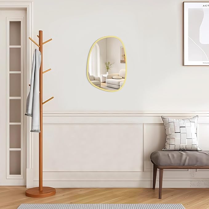 Wooden Asymmetrical Irregular Wall Mirror - Unique Modern Shape - Wall Mounted - Artistic Decorative for Living Room, Bedroom, Bathroom, Entryway & Hallway - 14"x10"