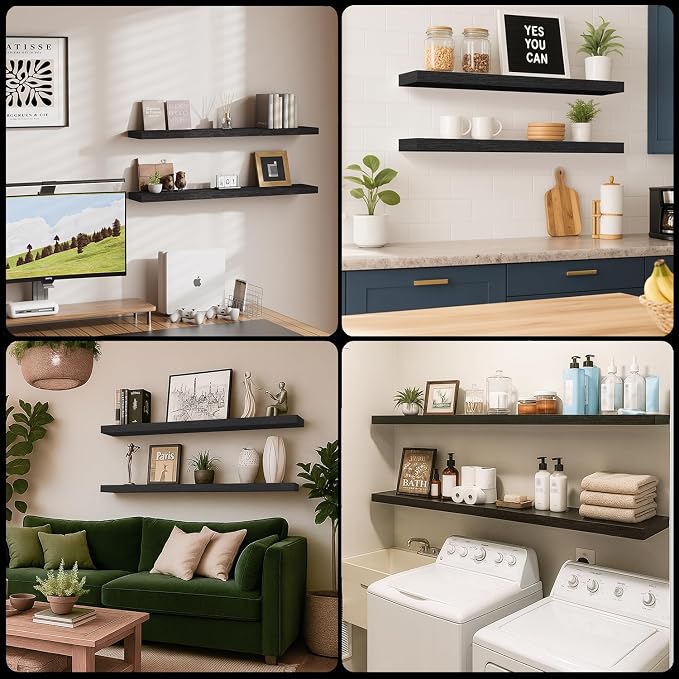 Floating Shelves for Wall, Bathroom Shelves Over Toilet, Wall Shelves & Book Shelf for Room, Hanging Shelf, Modern Wooden Mounted Floating Shelves, 36x7x1.5 in (Black, Set of 2)