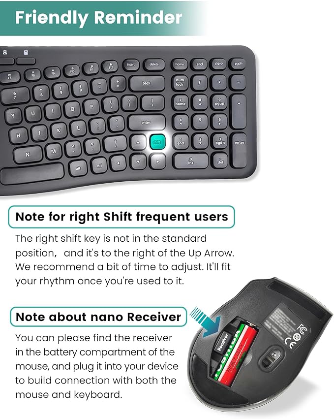 XUANGUI Silent Wireless Computer Keyboard and Mouse Combo with Magnetic Wrist Rest, Ergonomic Cordless Full Size Key Board and 4800 DPI Quiet Mice Set for PC Laptop Tablet, Office and Home Use