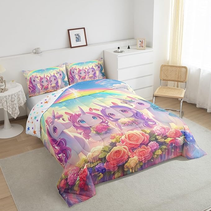 Castle Fairy Kawaii Unicorn Comforter Set Queen Size,Cartoon Cute Unicorn Horse Animal Reversible Bedding Set for Women Adult,Stars Rainbow Watercolor Flowers Luxury Bed Duvet Insert, 2 Pillowcases