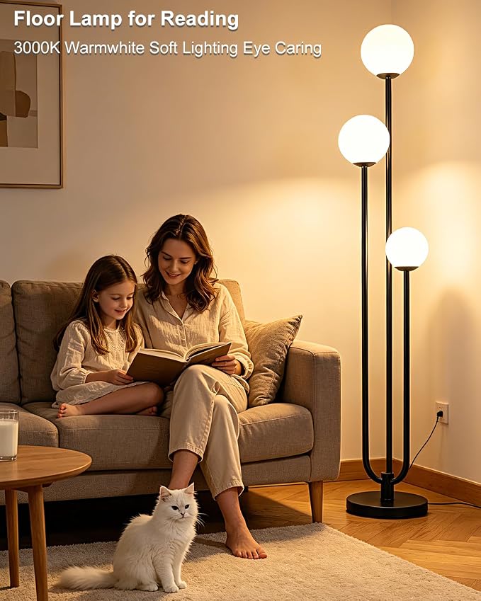 63IN 3-Light Dimmable Floor Lamp, Unique Black Tall Standing Lamps with 3000K Bulbs for Reading, Mid Century Modern Floor Lamp with 5Lbs Heavy Base for Living Room Bedroom Office