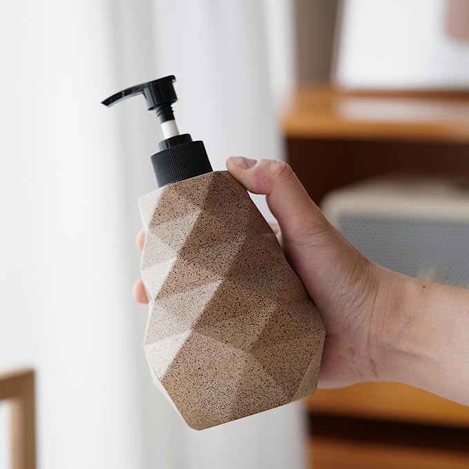 Geometric Resin Soap Dispenser, Refillable Hand Soap Pump Bottle for Bathroom & Kitchen, Modern Stone-Look Lotion Dispenser, 10 oz（300ml） Decorative Countertop Soap Dispenser