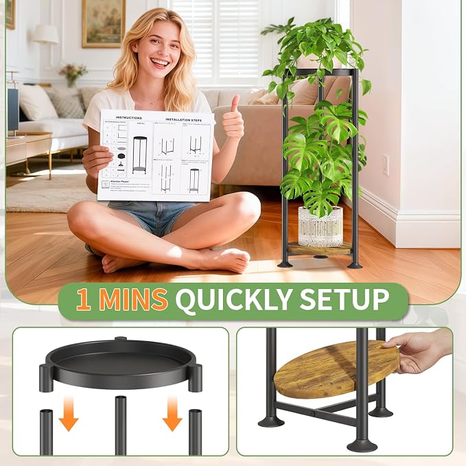 KMOTASUO 2 Tier Black Plant Stand Indoor for Large Tall Heavy Duty Planter, Multiple Sturdy Metal Flower Corner Rack for Narrow House Floor, Iron Vertical Level Round Orchi Holder Organizer, Modern