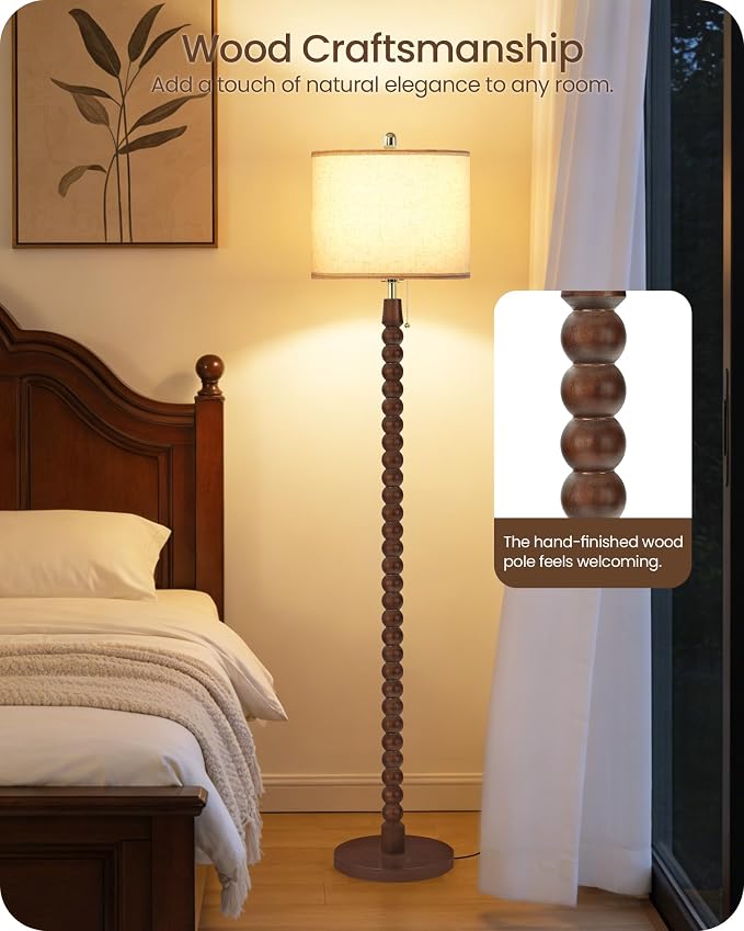 65" Solid Wood Floor Lamps for Living Room with Pull Chain Switch, Adjustable Color Temperatures, Vintage Farmhouse Floor Lamp, Tall Standing Lamp for Bedroom, Entryway, Reddish Brown SVE28LD05