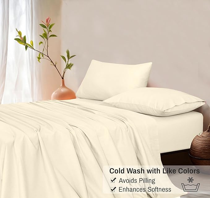 RUVANTI Flannel Sheets King Size - GOTS Certified 100% Organic Cotton, 4 Piece Warm, Soft & Breathable Set, Deep Pocket Snug Fit, Double Brushed Cozy All Season Bedding, Winter White