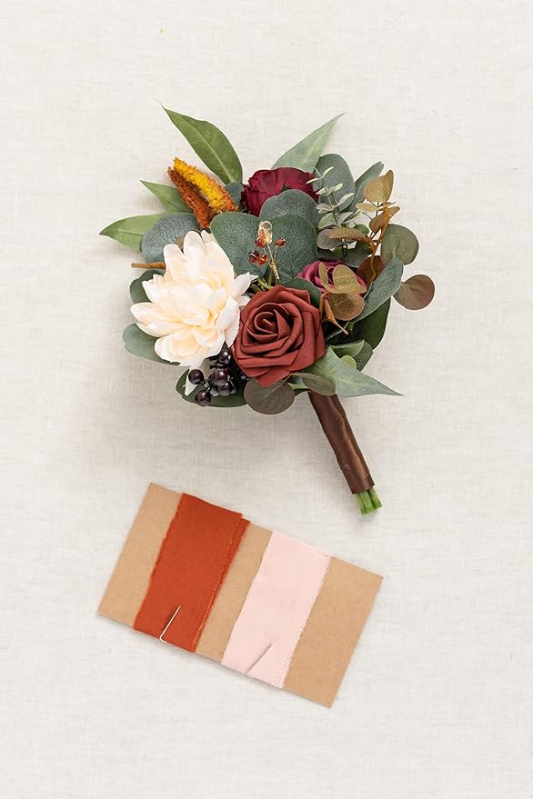 Ling's moment Artificial Flowers Terracotta Bridesmaid Bouquet, Fall Wedding Flowers Bouquets for Bridesmaids, 7 Inch Bridal Bouquets for Bridesmaids, Wedding Decor, Ceremony, Anniversary, etc