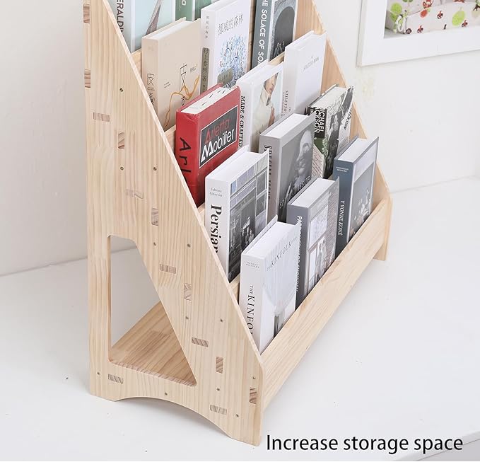Montessori Toddler Book Shelf Organizer Single Sided Book Rack Display with Toy Storage, Children Baby Classroom Bookshelf, Kids Room bookcases cabinets & Shelves Natural Pine (31”)