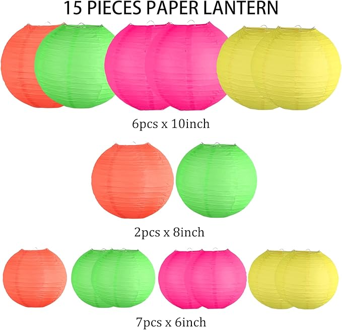 Glow in The Dark Party Supplies, Neon Party Decorations, Colorful Round Hanging Paper Lanterns Decorations for Neon Themed Birthday Wedding Baby Shower Home and Bar Decor, 15Pcs