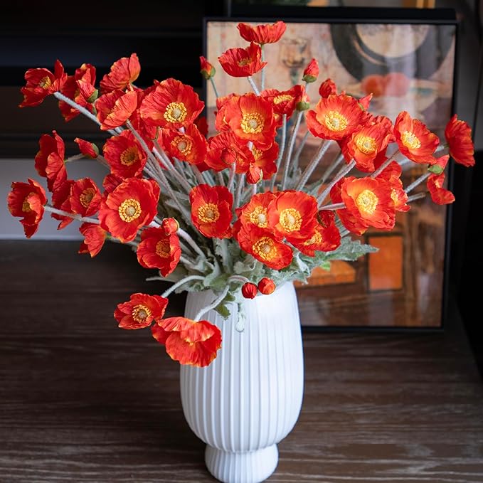 Artificial Flowers 6 Stems Poppy Silk Bouquet,for Wedding, Home, Party Decoration,Table Centerpiece Arrangement(Dark Orange)