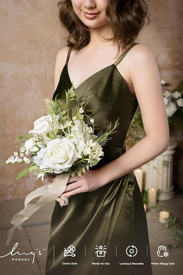 Ling's moment Lily of The Valley White Bridesmaid Bouquet, White Wedding Bouquets for Bridesmaids, 7 Inch Bridal Bouquets for Bridesmaids, Wedding, Ceremony, Anniversary, etc.
