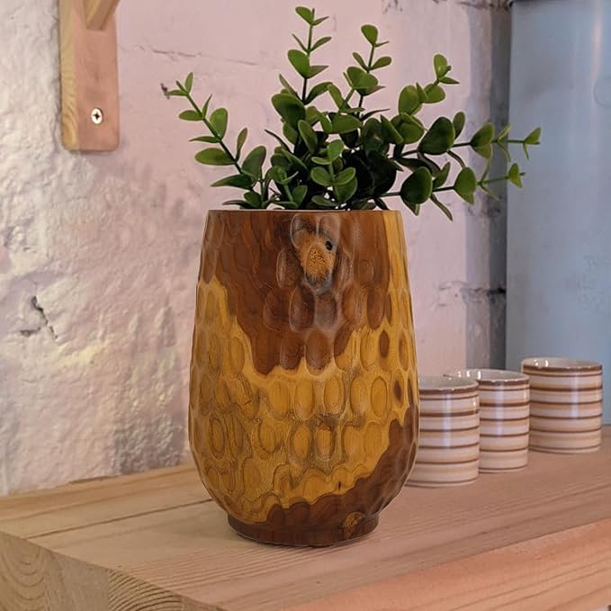 Teak Wooden Handcrafted Vase 6.7" x 6.7" x 9.5"H Natural Wood Pot Handmade Rustic Flower Holder for Entry Table Brown Stain Vintage Artworks Planter for Living Room Home Christmas Décor
