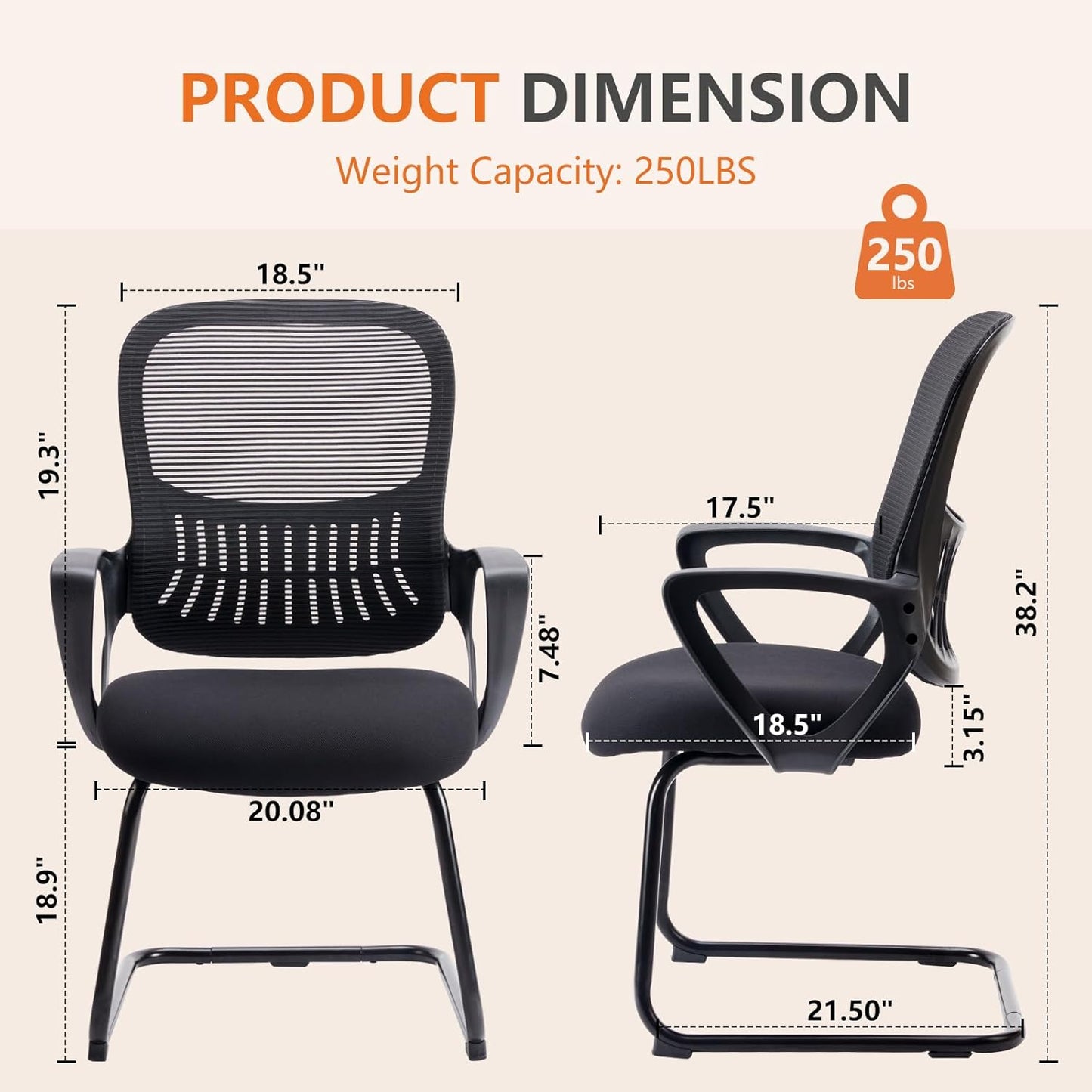 Sweetcrispy Reception Chair - Stationary Mid Back Mesh with Lumbar Support | Set of 2 in Modern Black