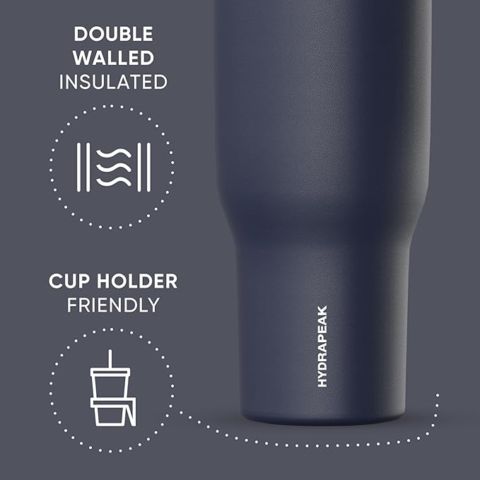 Hydrapeak Voyager 40 Oz Stainless Steel Tumbler with Handle, Insulated Water Bottle With Straw & Lid, Cupholder Friendly Reusable Travel Mug (Navy)