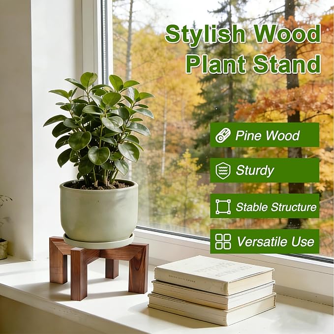 Wood Plant Stand Indoor Outdoor, Mid Century Modern Planter Holder, Sturdy Plant Pot Stand, Single Floor Flower Pot Holder (Walnut, Fit 5-10 Inch Pots)