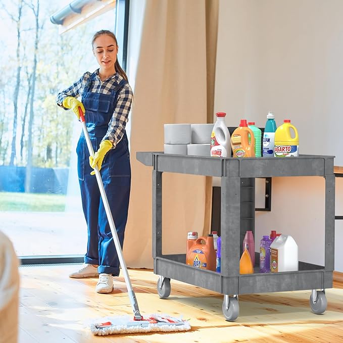 Utility Cart on Wheels, 2 Shelf Heavy Duty Plastic Rolling Cart, 550LBS Capacity Service Carts for Warehouse, Garage, School, Kitchens, Office(Gray, 45.7)