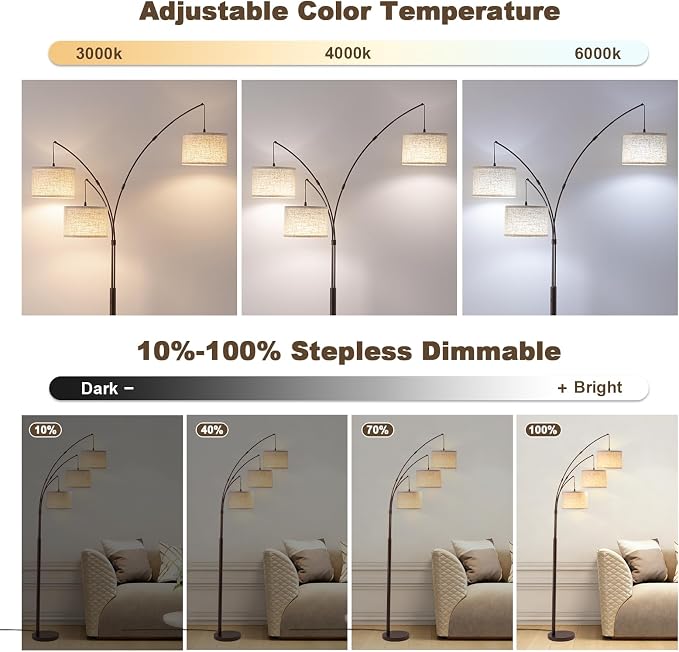 Netin 3 Light Arc Floor Lamps for Living Room, Dimmable Floor Lamp with Remote Control, Modern 80" Tall Standing Lamp, 3 Color Temperature, Mid Century Tree Floor Lamp for Bedroom, Office (Brown)