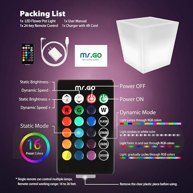 Mr.Go 16-inch LED Flower Pot Light w/Remote, 16 Color Changing Colorful Square Flowerpot, Rechargeable Lighted Planter & Ice Bucket for Home Decor, Perfect for Garden, Party, Wedding, Gifts