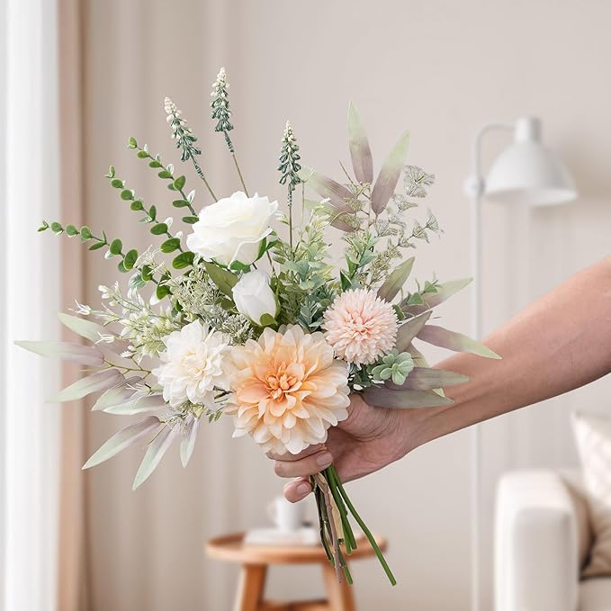 Fake Flowers in Vase, Artificial Flowers with Vase, 15.7'' Floral Arrangements for Dining Table Centerpiece Decor, Silk Roses & Faux Dahlia Bouquet for Farmfouse Kitchen Coffee Table Decor (Champagne)